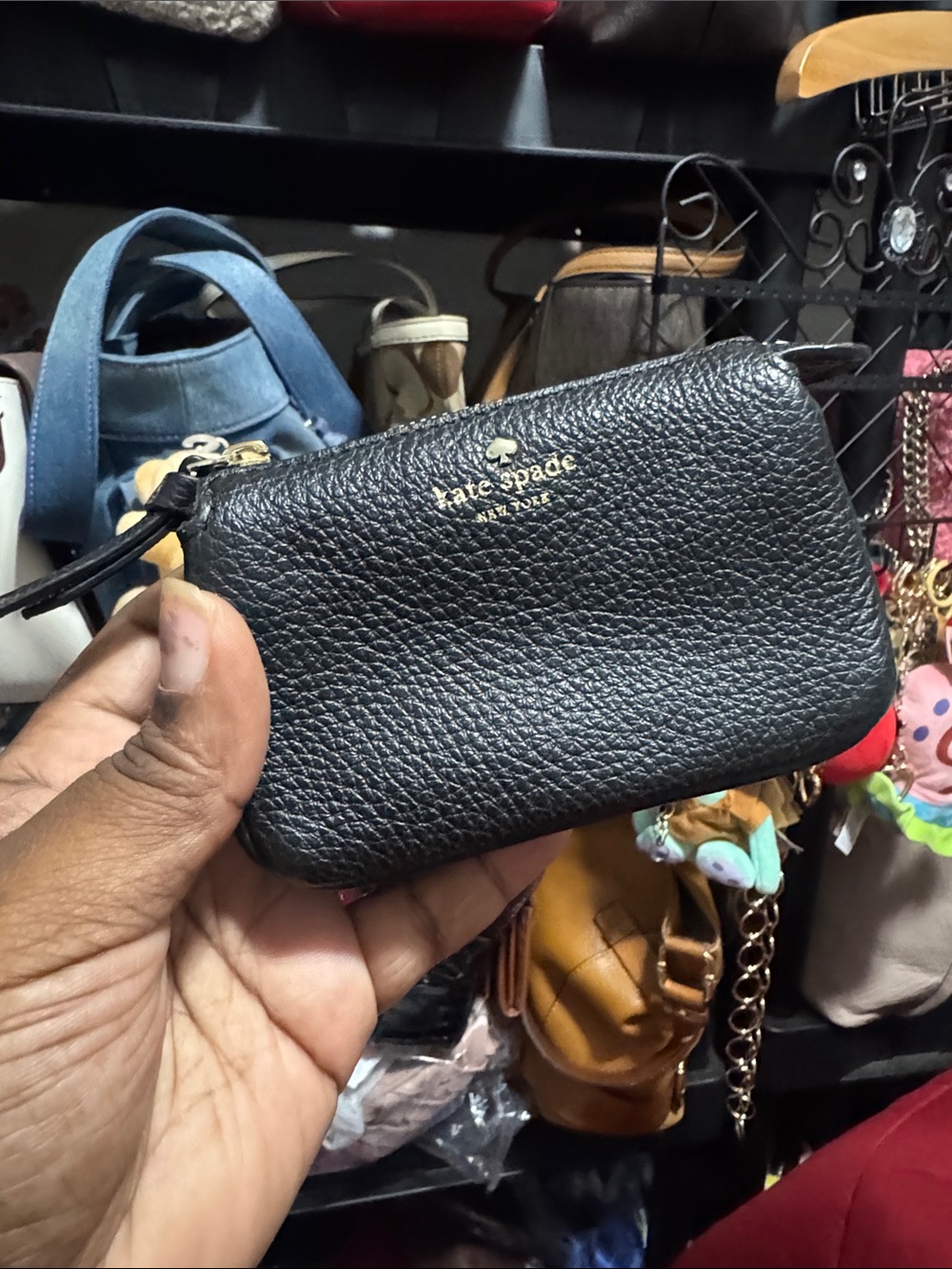 kate spade Black Pebbled Leather Wristlet Coin Pouch with Gold Logo